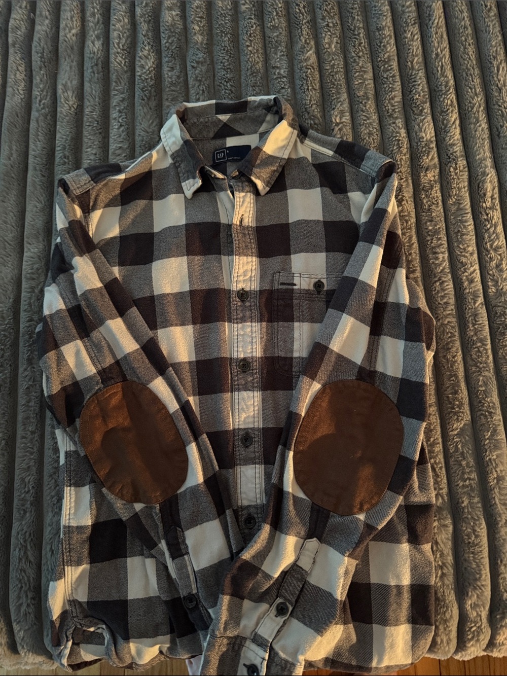 GAP Black & White Plaid Button-Down Shirt with Brown Elbow Patches